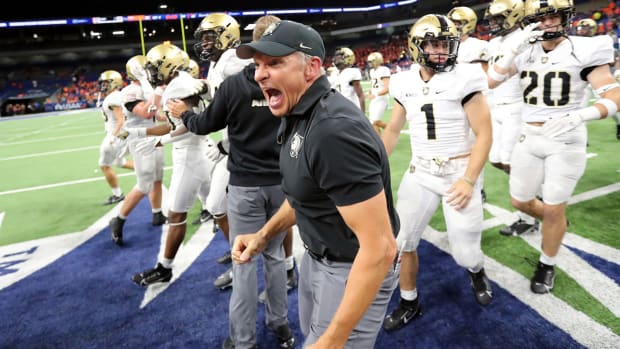 Army football coach Jeff Monken exults after his team’s win at Texas-San Antonio on Sept. 15, 2023.